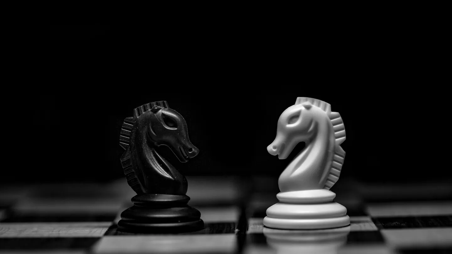 Black and white chess knights facing each other