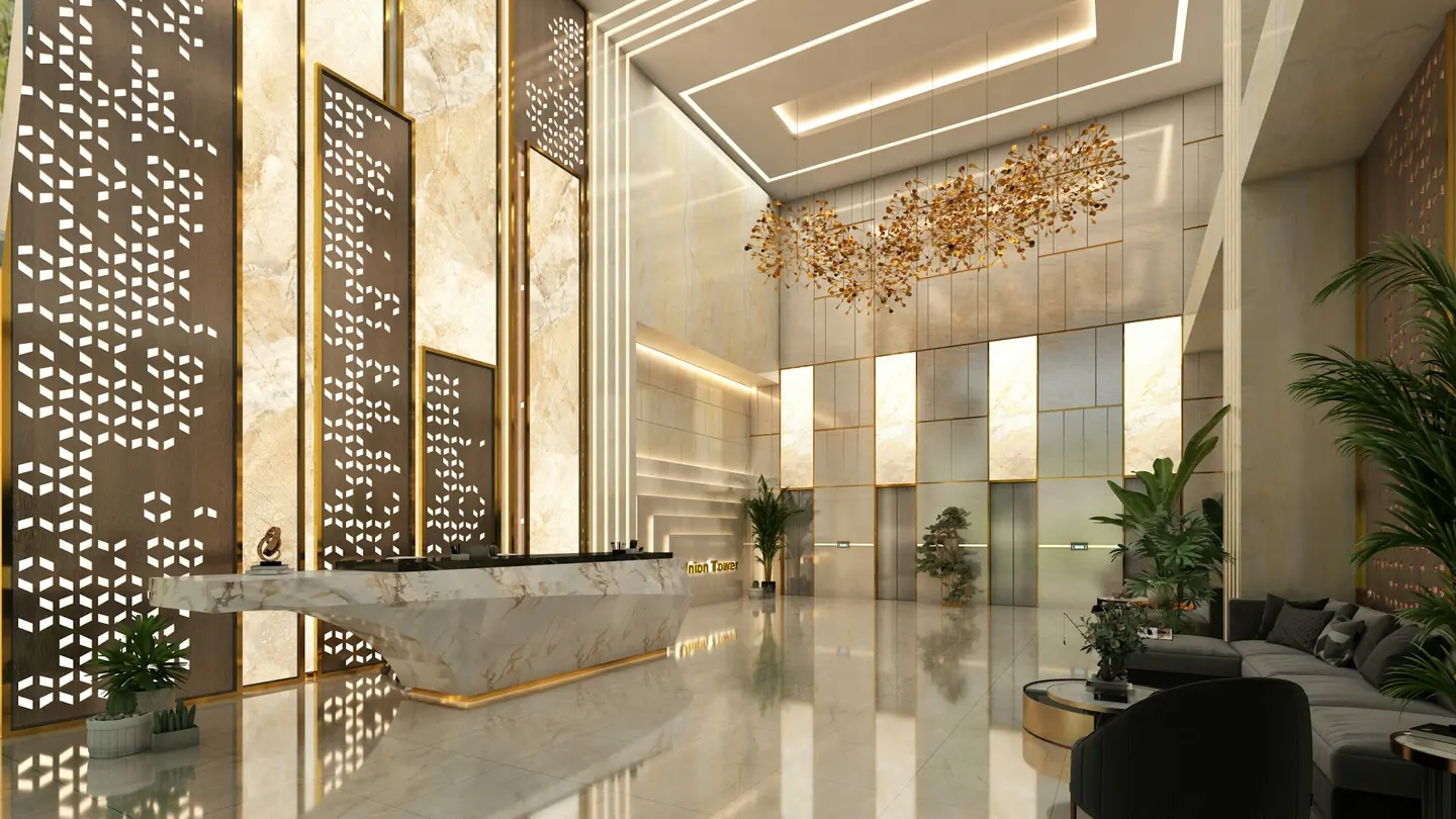 Marble residential lobby with a reception desk
